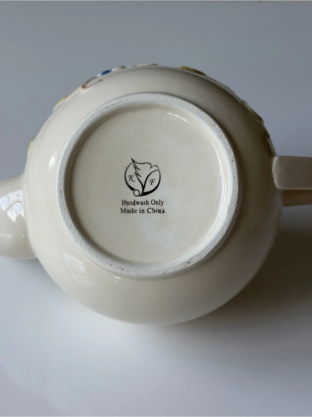 KF Vintage Ivory Glaze Ceramic Teapot - Embossed Pink Roses & Blue Flowers.